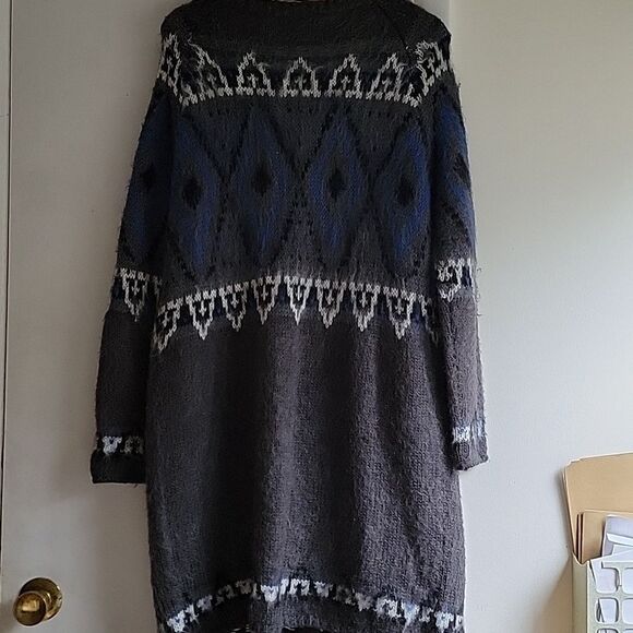 Free People mohair blend fuzzy‎ long cardigan coat fair isle pockets size Medium - Picture 2 of 9